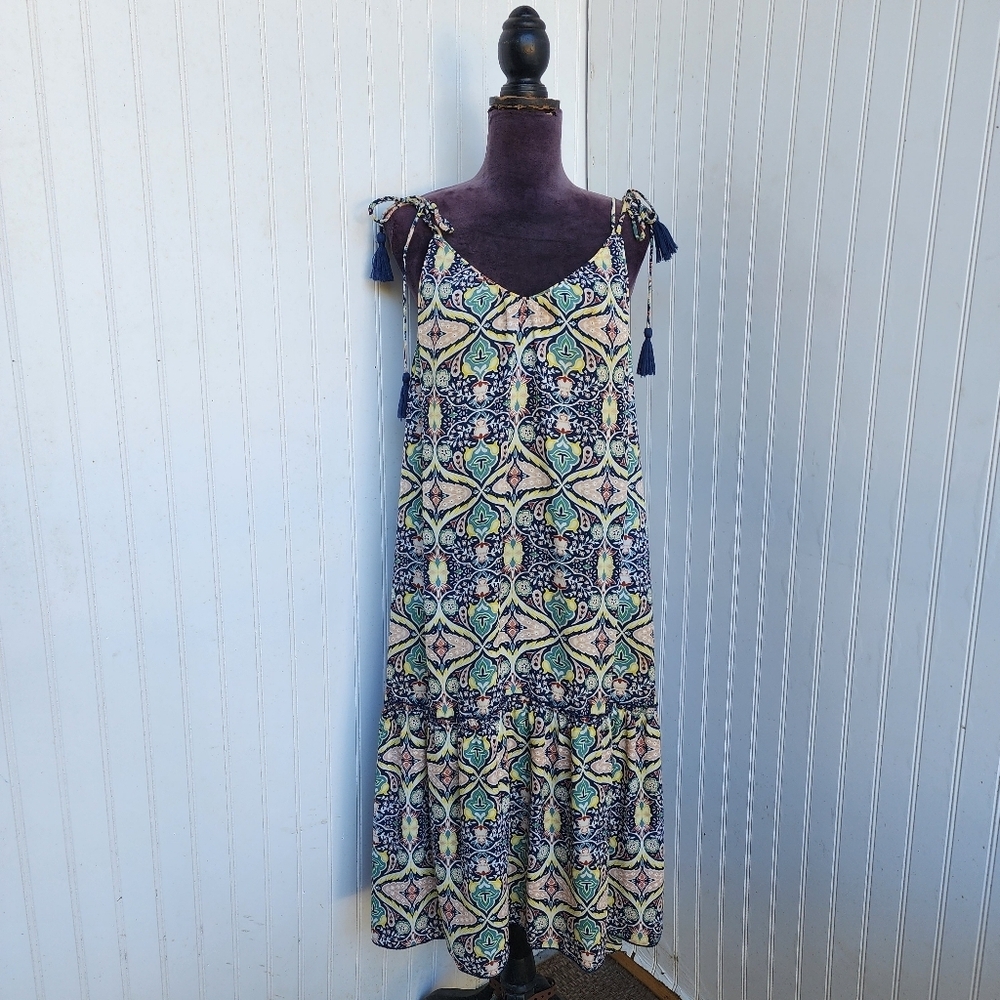 Finn & Grace Women's Floral Paisley Dress Blue Spaghetti Strap Tassle Boho Sz M